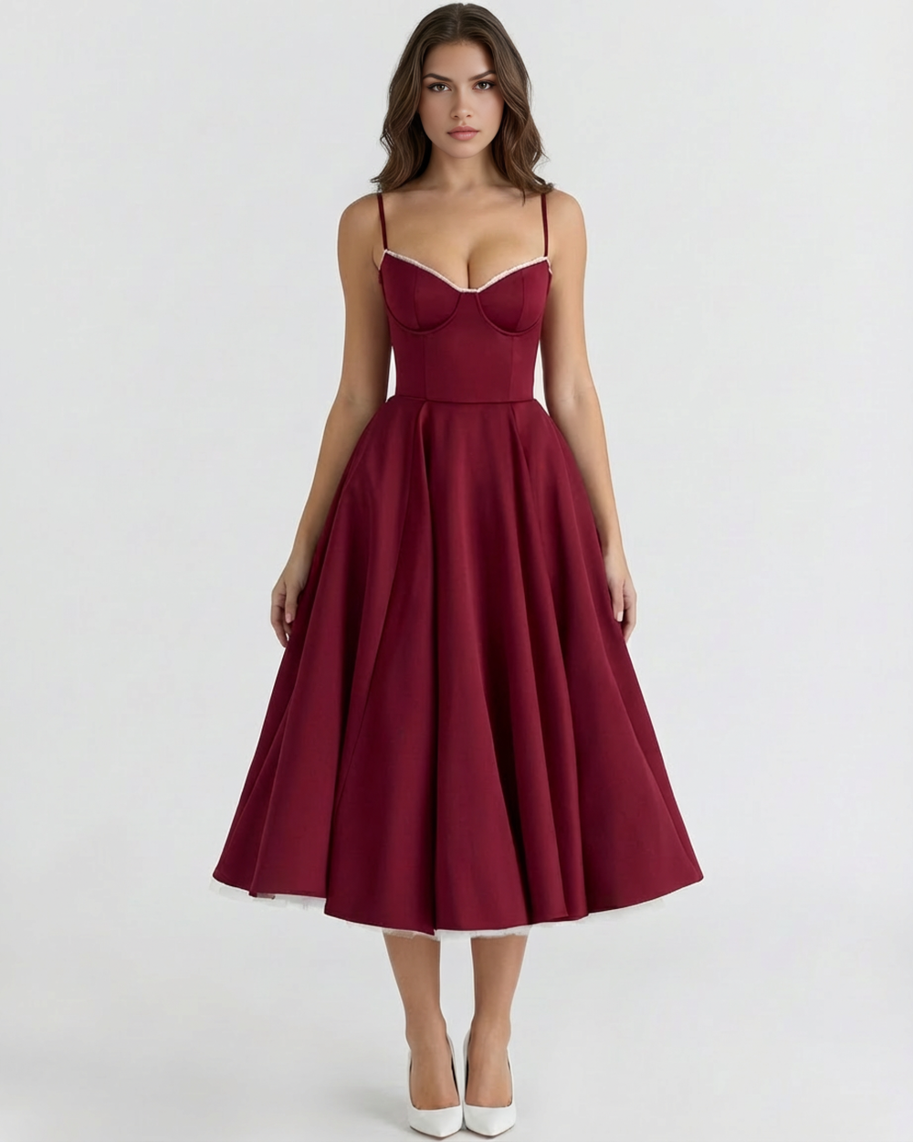 Vestido midi con corsé y falda amplia